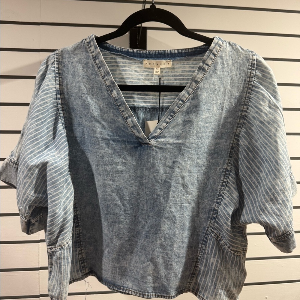Acid Wash Denim V-Neck Top